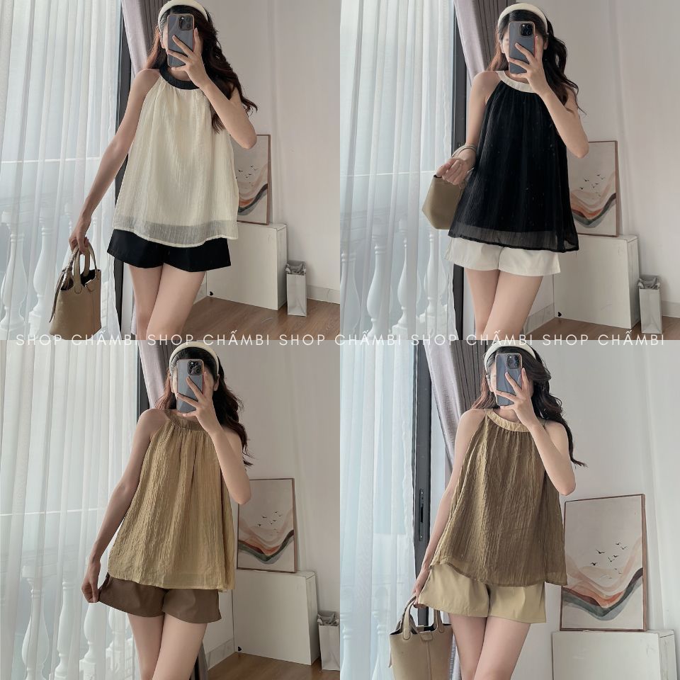 Set đồ nữ đi chơi S.194, Set áo tơ nhăn cổ yếm thắt nơ sau kèm quần short kaki - Shop Chấm bi