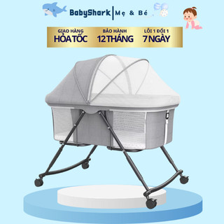 Nôi cho bé sơ sinh gấp gọn , nôi vải em bé có điều chỉnh độ cao -babyshark- bảo hành 12 tháng