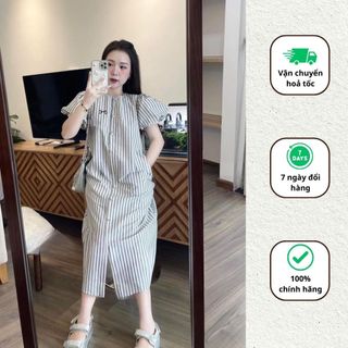 Váy suông thiết kế đi làm đi chơi sang chảnh đầm kẻ tay bồng khuy bọc thêu nơ Minaca Clothing V284
