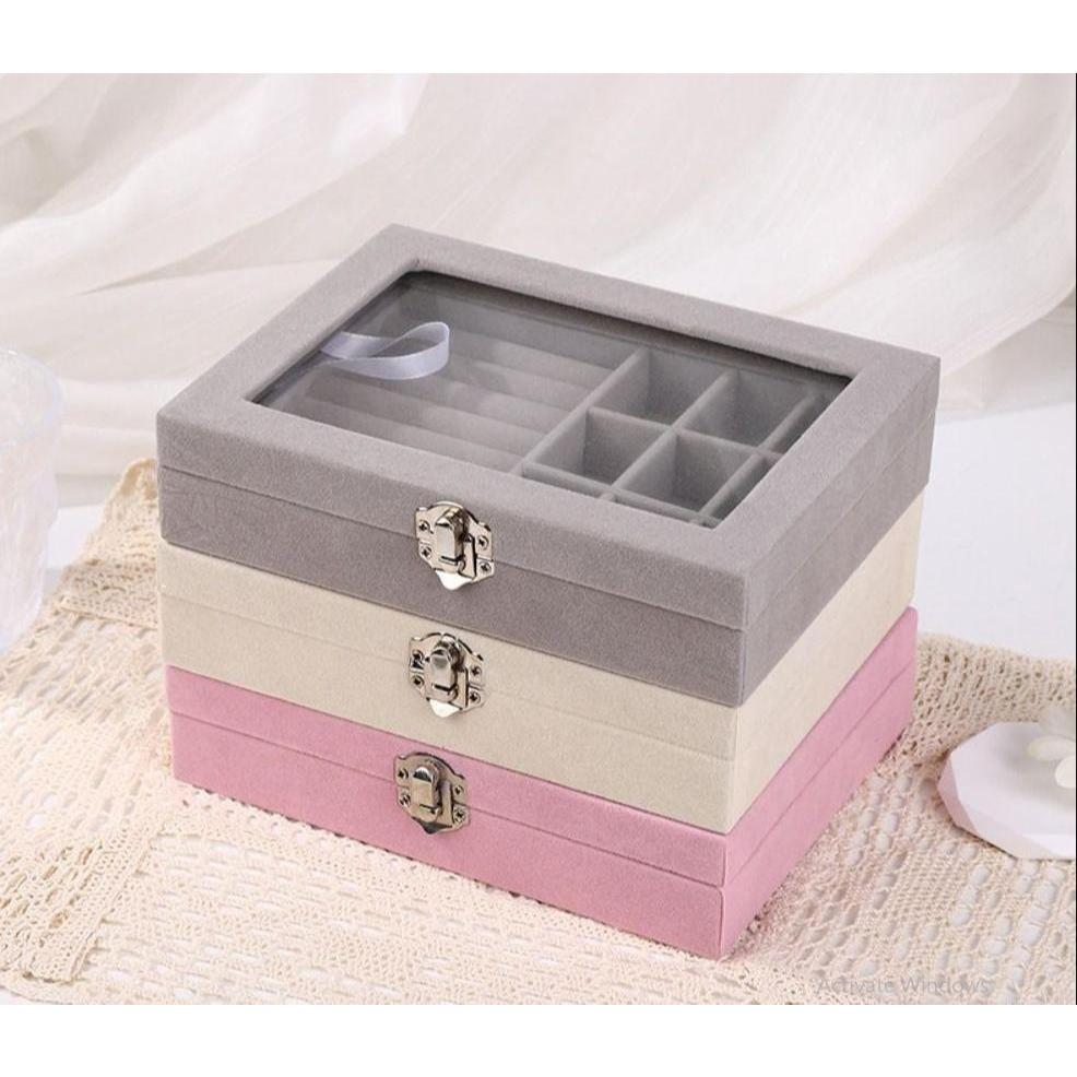 Hộp trang sức VẢI NHUNG 1 tầng 9 ô cổ điển lưu trữ đồng hồ ,hoa tai ,nhẫn nhỏ gọn tinh tế