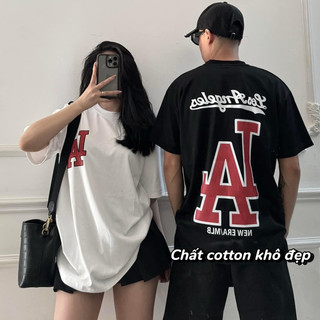 Áo phông tay lỡ form rộng in chữ LA đỏ chất cotton khô 3158 nam nữ