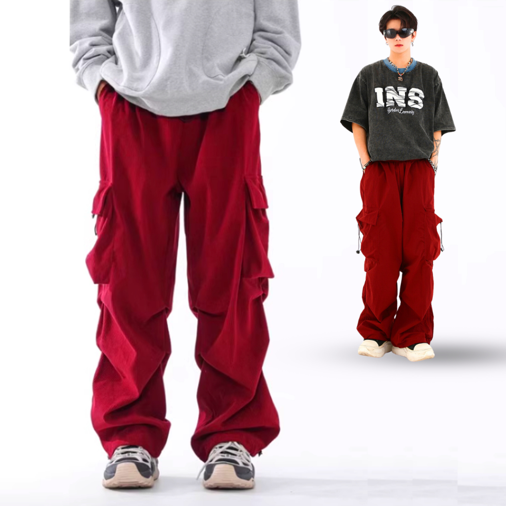 Quần túi hộp ống rộng nam Haven kaki cotton, quần Jogger thụng bigsize màu đen, đỏ