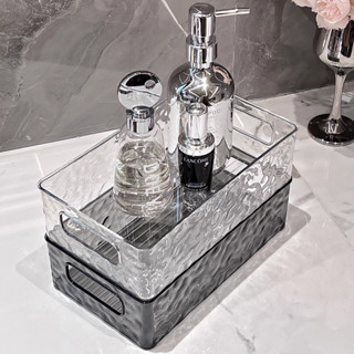 Khay đựng mĩ phẩm đồ trang điểm mặt nạ để bàn trong suốt vân sần có tay cầm - Hộp nhựa trong suốt đựng đồ đa năng