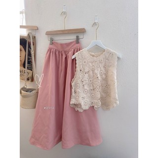Se914 set áo ren nude + cvay midi hồng
