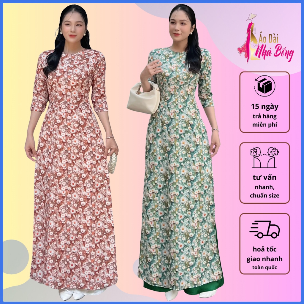 Áo dài nhà bống - Áo dài cổ tròn tay lỡ cúc họa mi dành cho nữ - AD34