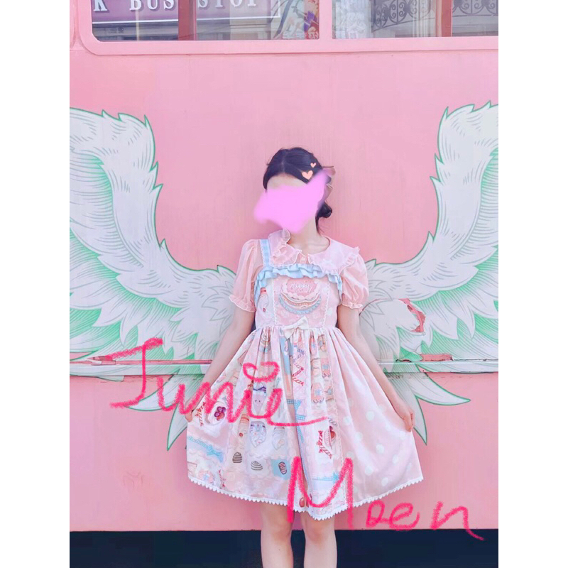 Váy đầm Lolita chính hãng JSK brand CatCan/Mewroco váy xoè hai dây màu hồng phối xanh pastel dễ thươ
