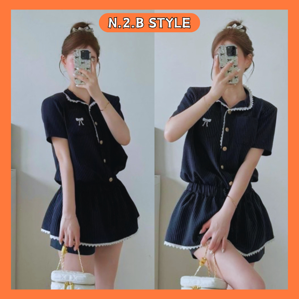 Váy nữ, Set Jumpsuit cổ tàu phối viền ren thêu nơ túi ngực ngắn tay thắt eo tiểu thư sang chảnh