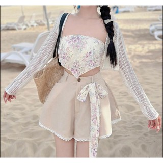 Set 3 món áo cúp xô thêu cột sau kèm quân váy xòe phối ren + áo khoác ngoài croptop