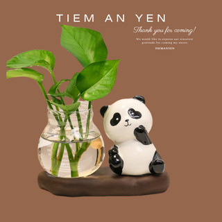 Bình thủy sinh trồng cây kèm tượng Gấu Trúc sứ Tiệm An Yên để bàn làm việc, trang trí nhà cửa