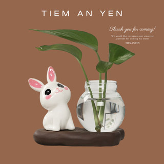 Bình thủy sinh trồng cây kèm tượng Gấu Trúc, Thỏ Trắng sứ Tiệm An Yên để bàn làm việc trang trí nhà