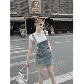 Sét yếm váy jeans xanh chữ A thời trang nữ kèm áo trắng trơn thun tăm kèm hình thật