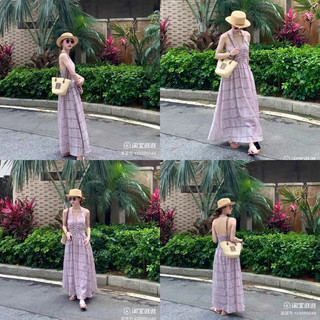 D148 Đầm váy maxi cổ yếm hở lưng màu tím du lịch hè hàng Taobao