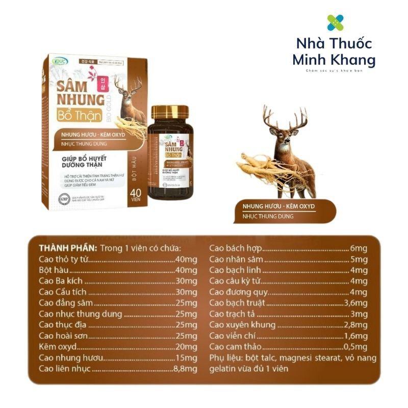 Viên Uống Sâm Nhung Bổ Thận- Nhung Huơu-Giúp Bổ Huyết Dưỡng Thận, Cải Thiện Thân Hư, Tiểu Đêm Nhiều Lần. Hộp 40 Viên