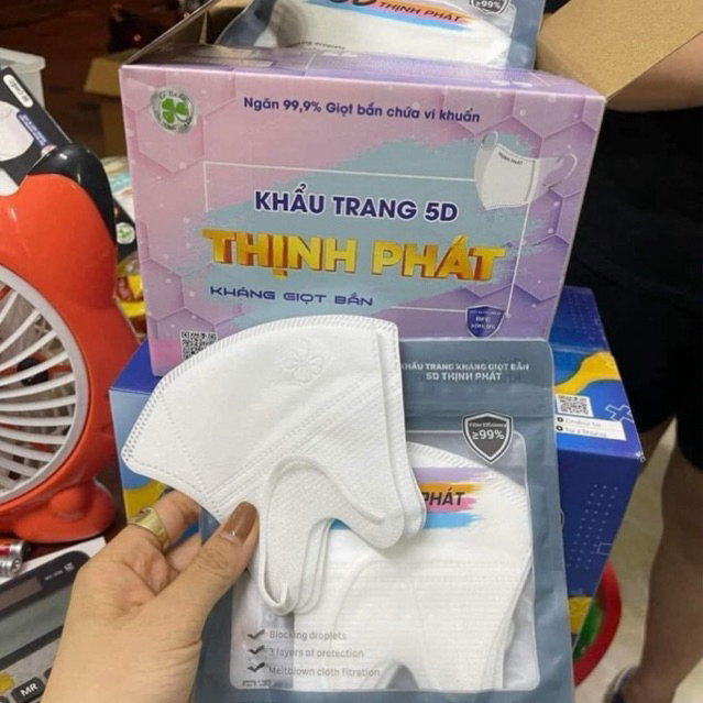 Thùng 100 chiếc khẩu trang 5D Thịnh Phát trắng kháng khuẩn và chống bụi mịn