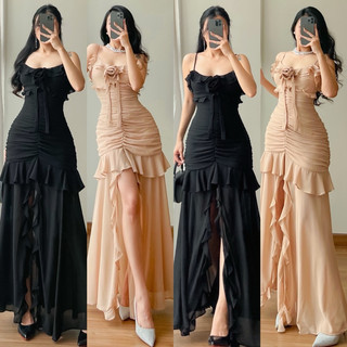 Đầm maxi voan đính hoa nhún thân bèo layer thướt tha tôn dáng