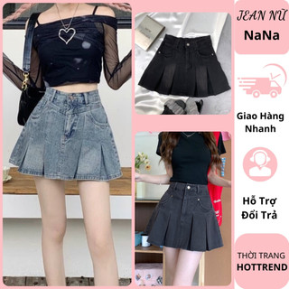 Chân váy jeans nữ xếp li bản to cạp cao siêu hack dáng có quần bảo hộ bên trong 2 màu xanh đen phối đồ siêu xinh