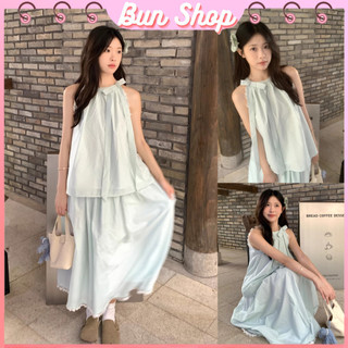 Set Váy Nữ Đầm Cổ Yếm Váy Xoè Chất Đũi Nhăn Quảng Châu Mềm Mát Váy Viền Ren Kèm Nơ Cổ May 2 Lớp Xinh Xắn Thoải Mái