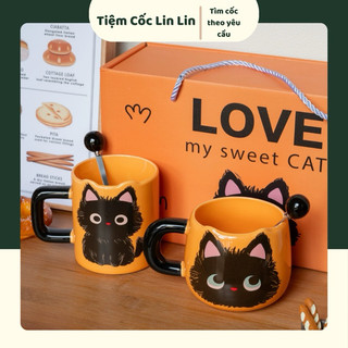  Cốc sứ mèo cặp đôi có thìa dung tích 400ml Set cốc sứ uống nước hình mèo hộp quà tặng kỷ niệm,quà tặng sinh nhật 
