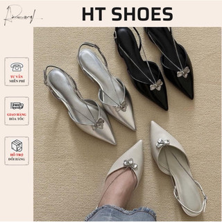 Giày sandal C mũi nhọn đính hoa phối dây chuyền đế bệt hở gót 1cm phong cách dịu dàng Mary Jane Fullbox#1914-1