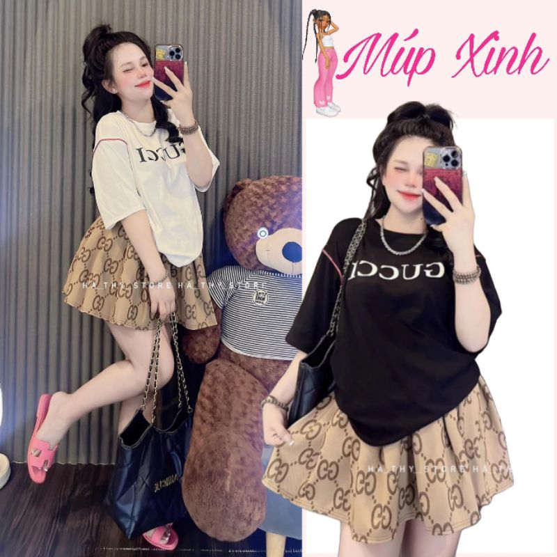 Set bộ váy nữ bigsize 60-90kg áo thun cotton tay ngắn viền vai in chữ Gc phối chân váy xoè hoạ tiết 