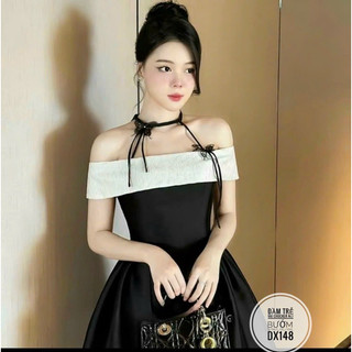 (SHOP NÀNG BÉO BIGSIZE 50KG ĐẾN 90KG) đầm đen tafta xoè bẹt vai trắng hoa nổi