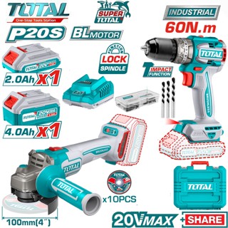 Bộ combo máy mài góc TAGLI21104 & máy khoan búa TIDLI20602 Không Chổi Than dùng pin 20V Total TCKLI2027310