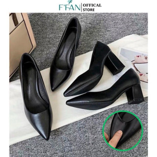 Giày cao gót nữ mũi nhọn đế vuông [da thật] công sở bít mũi màu đen 3 5 7 9 phân big size FFAN STORE
