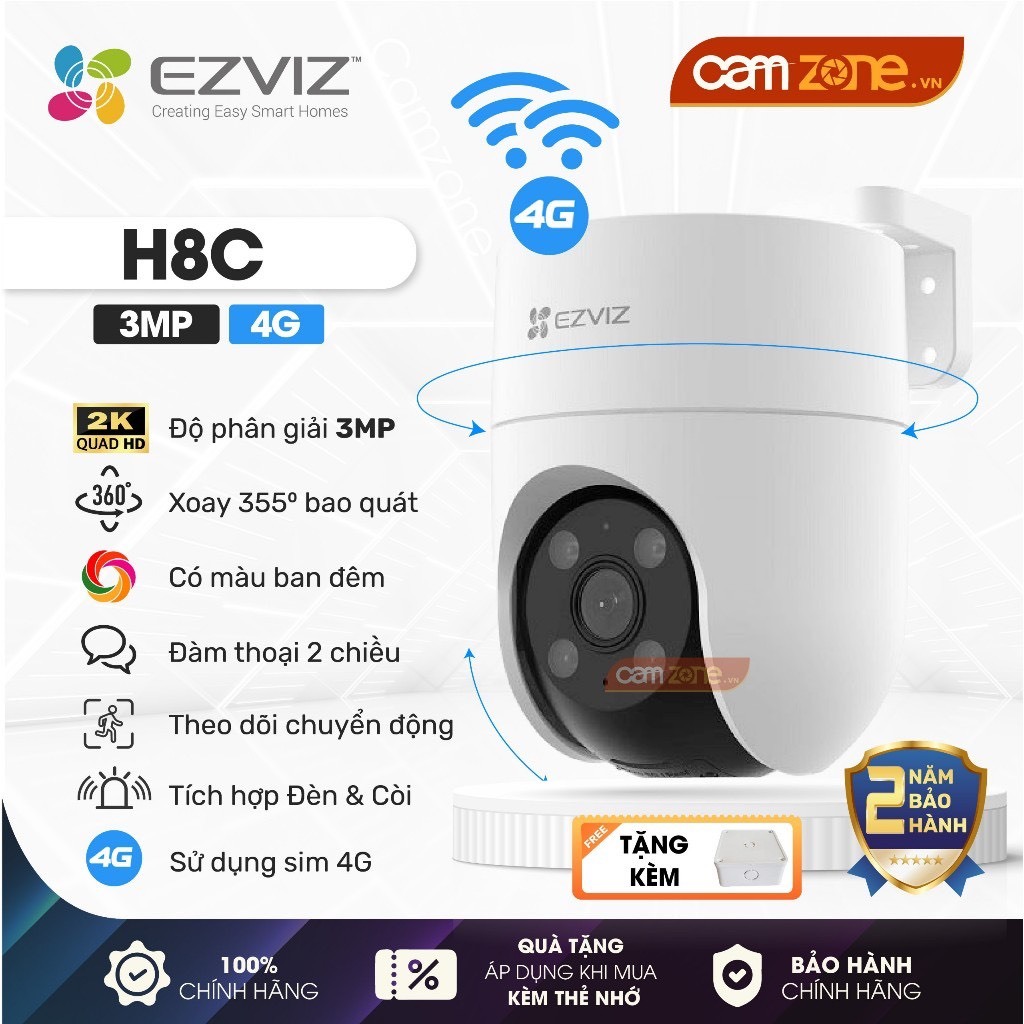 Camera Wifi Ngoài Trời EZVIZ H8C 4G 3MP 2K, dùng Sim 4G, Quay Quét 360 độ, Còi Hú Báo Động, Đàm Thoạ