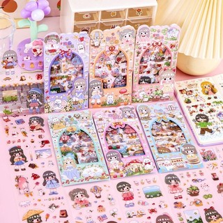 Sticker set 4 tấm cắt dán trang trí sổ hình cô bé theo các chủ đề