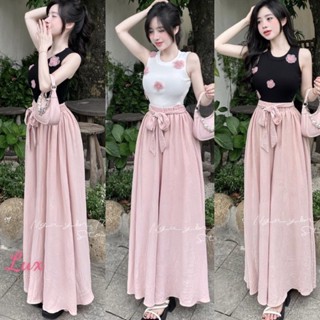 Sét bộ Fashion, sét bộ áo thun tăm sát nách gắn hoa nỗi phối quần đũi mango ống suông giả váy thắt lưng 2 màu sang chảnh