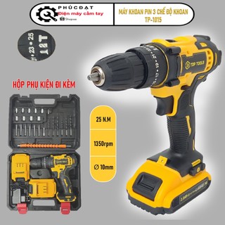Máy khoan pin model tp-1015 lực siết 25nm. 3 chế độ khoan. có chế độ búa, lõi đồng 100%. tặng full phụ kiện