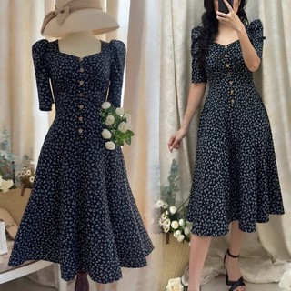 Đầm Midi cổ vuông tay phồng eo thun nối hông _ D4.915
