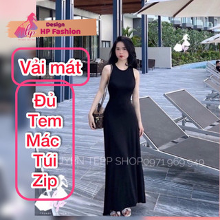 Đầm ba lỗ maxi dài, váy qua gối sang chảnh tôn dáng thun gân màu đen kiểu hàn quốc VD276