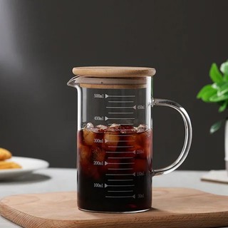 Bình Thủy Tinh Đun Nước 1000ML Ca Đo Lường Chịu Nhiệt Nắp Gỗ Tre Trong Nhà Bếp