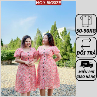 Váy bigsize nữ đầm dự tiệc đi chơi kiểu cổ vuông hoa hồng nút gỗ chât voan MON big size 50 - 90kg
