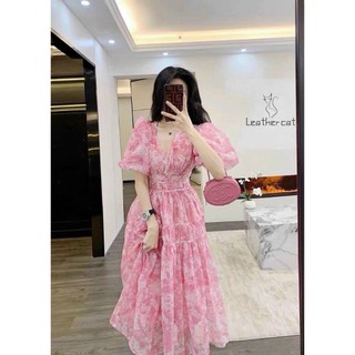 [MỚI 2024] Đầm hoa nữ đi tiệc dáng xòe tầng chất voan cao cấp, đầm xòe cổ V tay búp có 2 màu hồng, vàng nổi trội