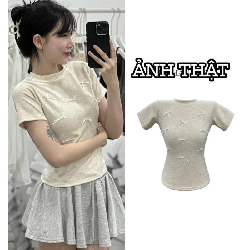 Áo Thun Dáng Babytee Gắn Nơ Chất Cotton Xịn Xò Kiểu Dáng Basic