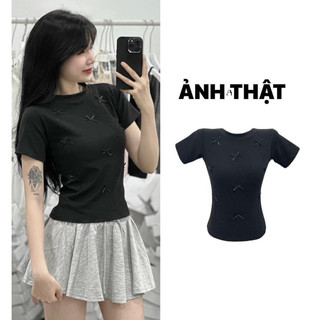Áo Thun Dáng Babytee Gắn Nơ Chất Cotton Xịn Xò Kiểu Dáng Basic