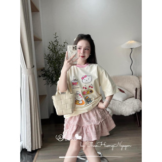 Set Áo Phông Hình Mèo Helo Kitty Hồng Kèm Chân Váy Dễ Thương