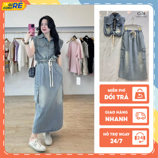 Set đồ nữ jean chân váy suông xẻ tà túi hộp và áo croptop không tay thời trang C&H Clothing