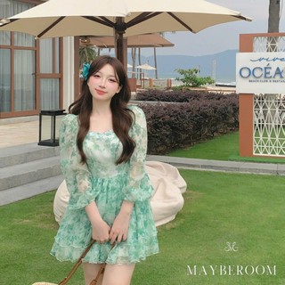 Váy voan hoa cổ vuông tay bồng lửng chiết eo dáng bồng xòe Climbing rose Mayberoom