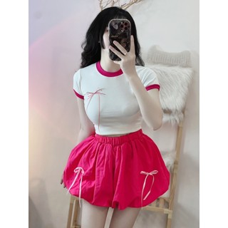 Áo croptop tay ngắn cổ và cổ tay viền màu đính nơ nhỏ bên ngực cực xinh , chất thun bozip dày dặn