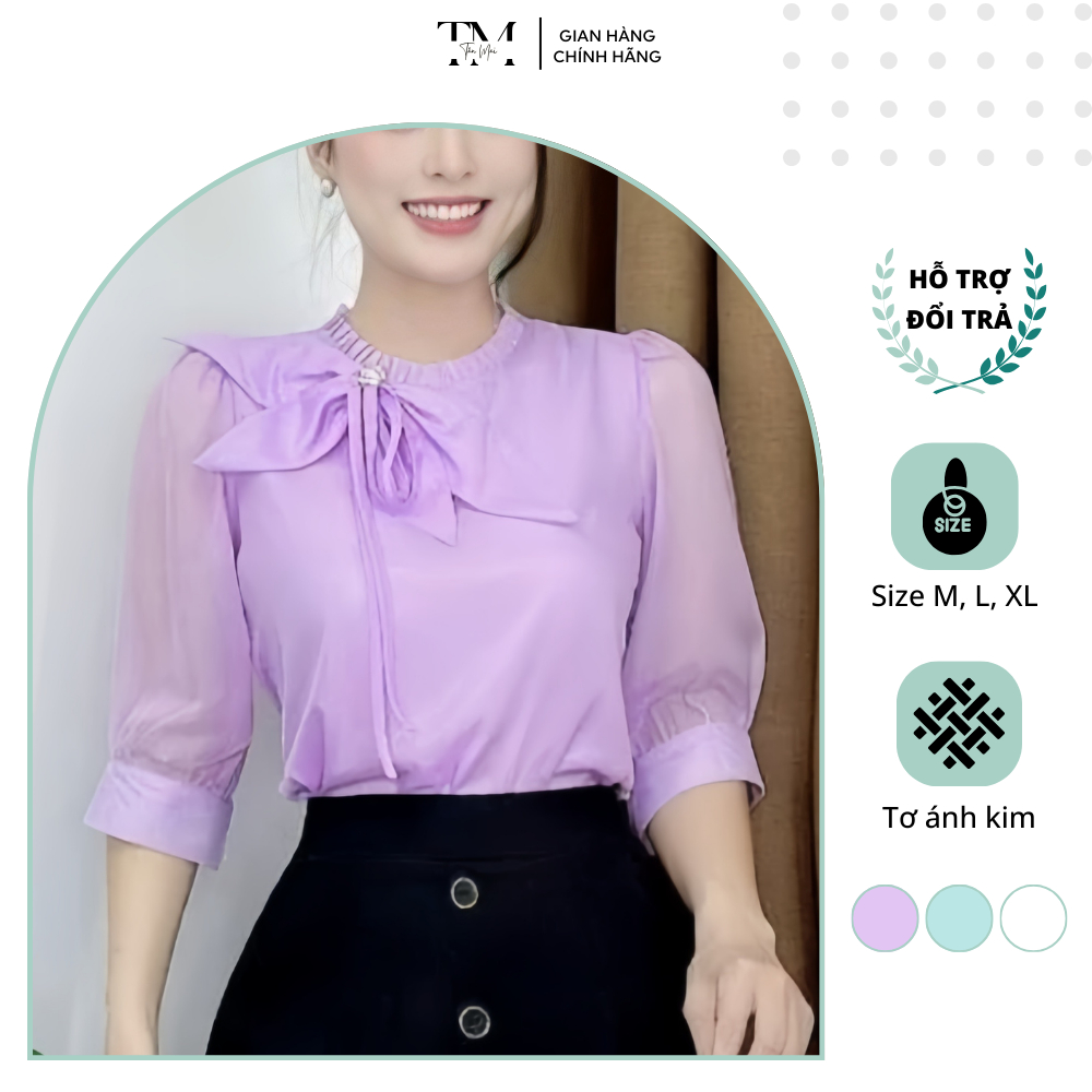 Áo kiểu nữ cổ bèo kèm bông hoa lớn đính nơ, áo sơ mi nữ công sở chất liệu tơ ánh kim form fit với phụ nữ Việt - MS0024
