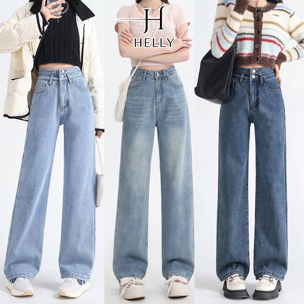 Quần Jean nữ ống suông dáng dài cạp cao màu Basic ,quần bò nữ ống rộng dáng suông nét căng - Avocado