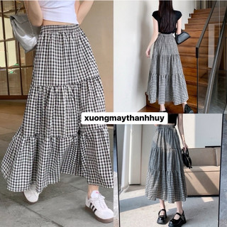 Chân Váy Kẻ 3 tầng, chân váy maxi kẻ caro,3 tầng