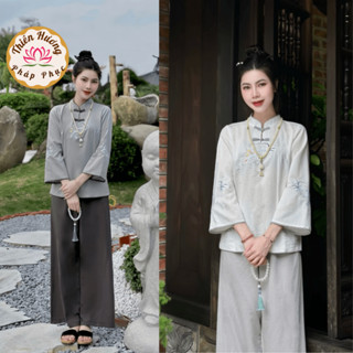 Đồ bộ đi chùa cổ tàu thêu quạt vải đũi Pháp phục lễ chùa cách tân tay nỡ Đồ lam nữ truyền thống đũi mềm mịn cao cấp