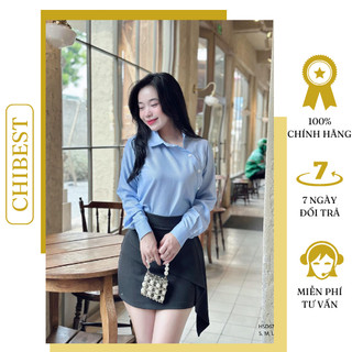Set chân váy áo somi sọc nút lệch chibest hsd67