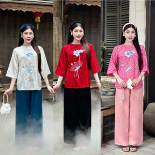 Pháp phục đi chùa, Bộ lam đi chùa chất liệu Lụa Gấm Thượng Hải cổ tết thêu Sen Cao Cấp