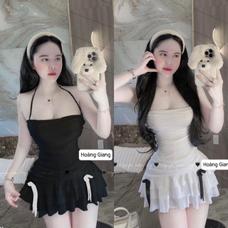 Đầm body cổ yếm đính nơ dáng ngắn thun lưới sịn