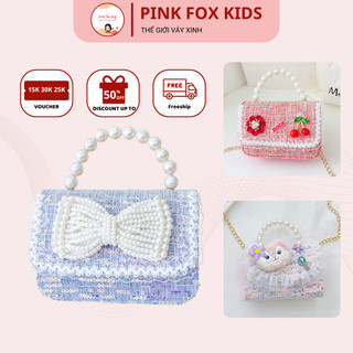 Túi xách đeo chéo bé gái vải dạ cotton đính ngọc trai lấp lánh sang chảnh dễ thương PINK FOX KIDS